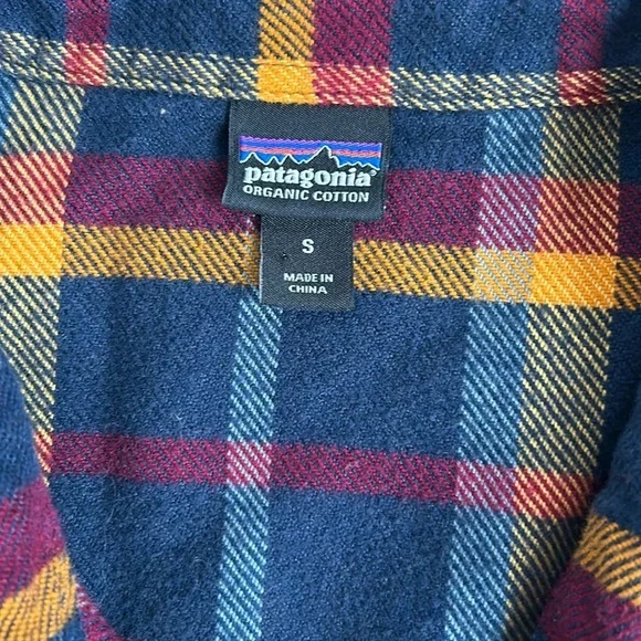 Patagonia Fjord worn wear organic cotton navy mustard burgundy flannel shirt - Picture 3 of 16